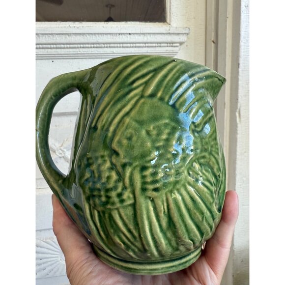 Vintage 1930s McCoy Green Water Pitcher Angel Fish Farmhouse Rustic Primitive - Picture 2 of 10